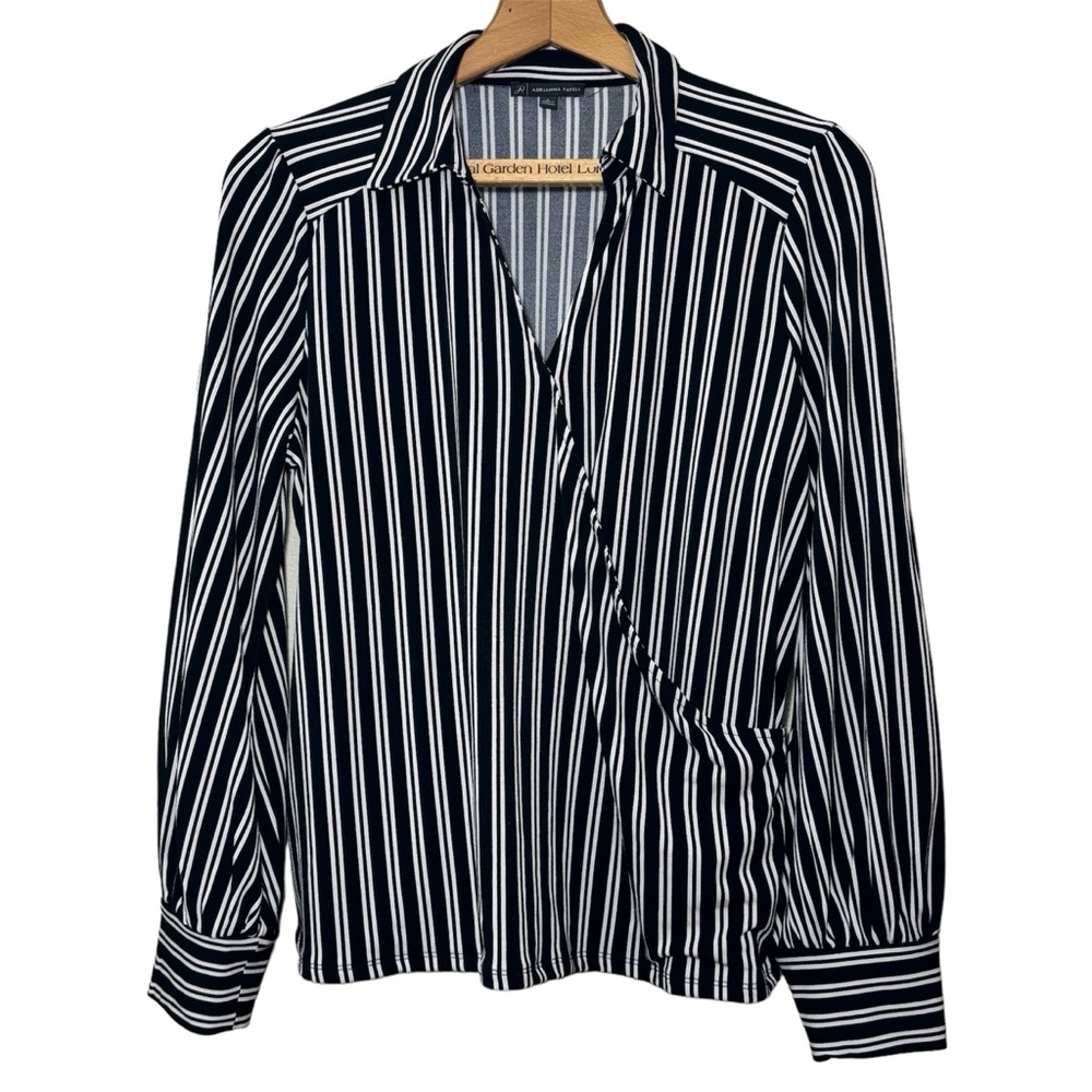 Adrianna Papell Black and White striped faux wrap long sleeved blouse. Women’s L